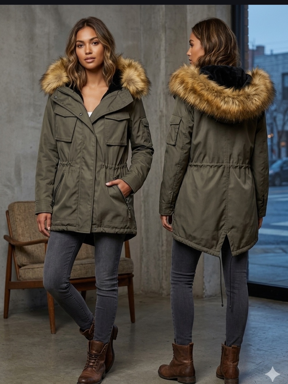S13 - Utility Parka Jacket with Faux-Fur Trim in Olive, Large